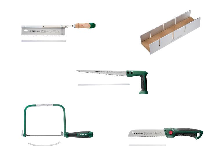 Set aus Handsägen und einer Gehrungssäge zum Holzschneiden.