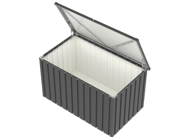 Eine offene Metall-Aufbewahrungsbox mit einem Scharnierdeckel.