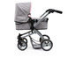 Ein grauer Kinderwagen mit einem rosa Verdeck.
