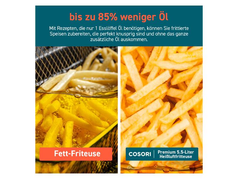 Pommes-Vergleich: Fritteuse mit Öl und Heißluftfritteuse mit 85% weniger Öl.