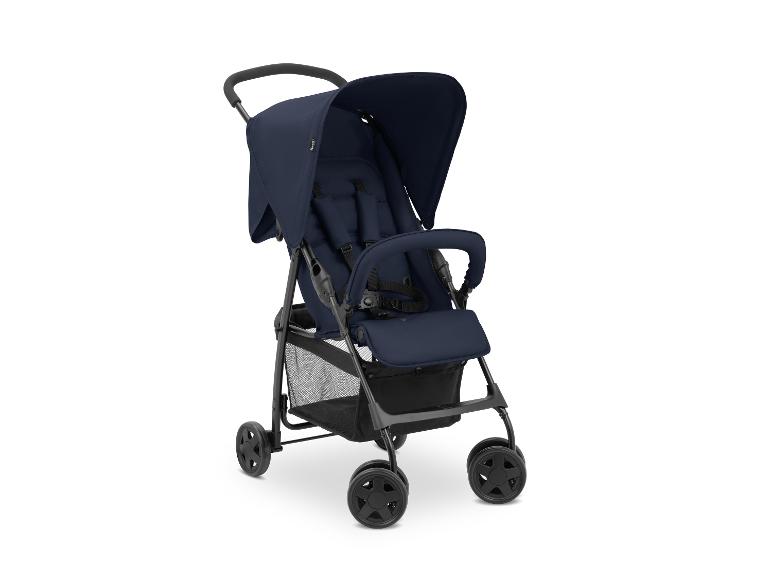 Blauer Kinderwagen mit schwarzem Gestell und Rädern