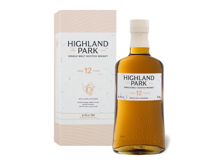 Flasche und Karton Highland Park 12 Jahre alter Single Malt Scotch Whisky.