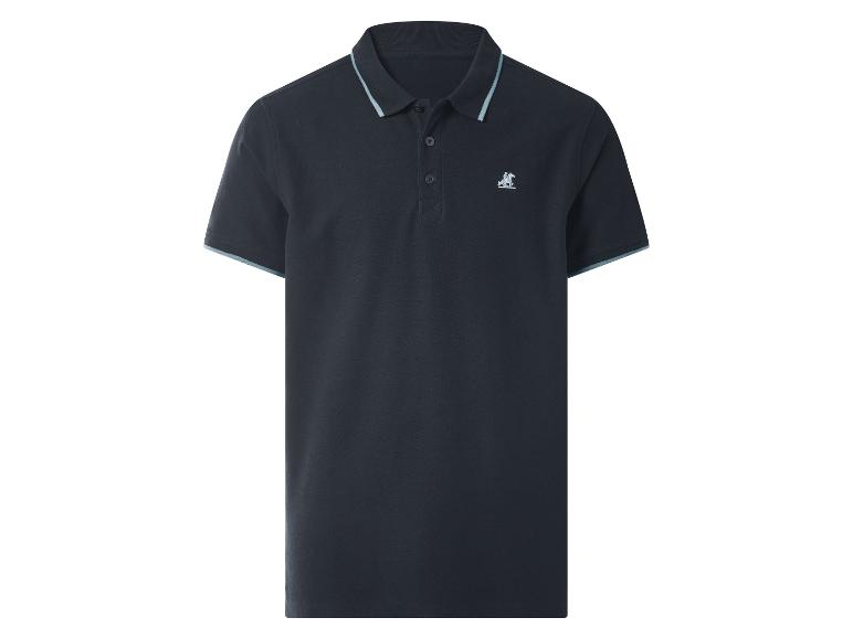 Herren-Polohemd in Marineblau mit hellblau gestreiftem Kragen und Ärmelbündchen.