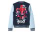 Dunkelblaue und hellblaue Baseballjacke mit Spiderman-Aufdruck auf dem Rücken.