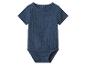 Blauer kurzärmeliger Baby-Body aus gekrepptem Stoff.