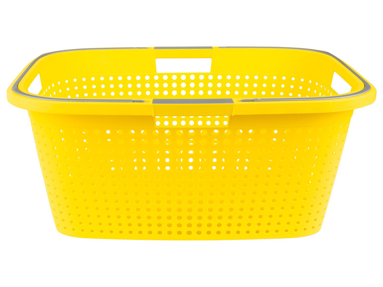 Ein gelber Wäschekorb mit grauen Griffen.
