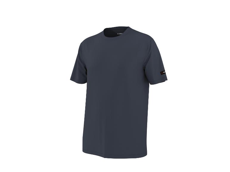 Dunkelblaues Kurzarm-T-Shirt mit Rundhalsausschnitt.