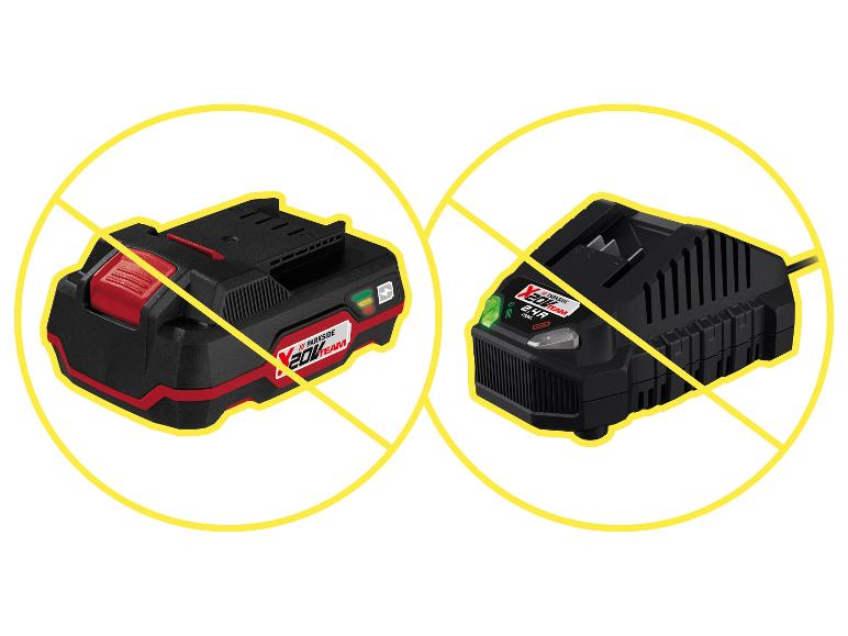 Akku und Ladegerät für Elektrowerkzeuge, durchgestrichen mit gelben Kreisen.