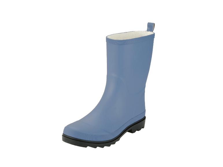Blauer Kindergummistiefel mit schwarzer Sohle und weißem Innenfutter.