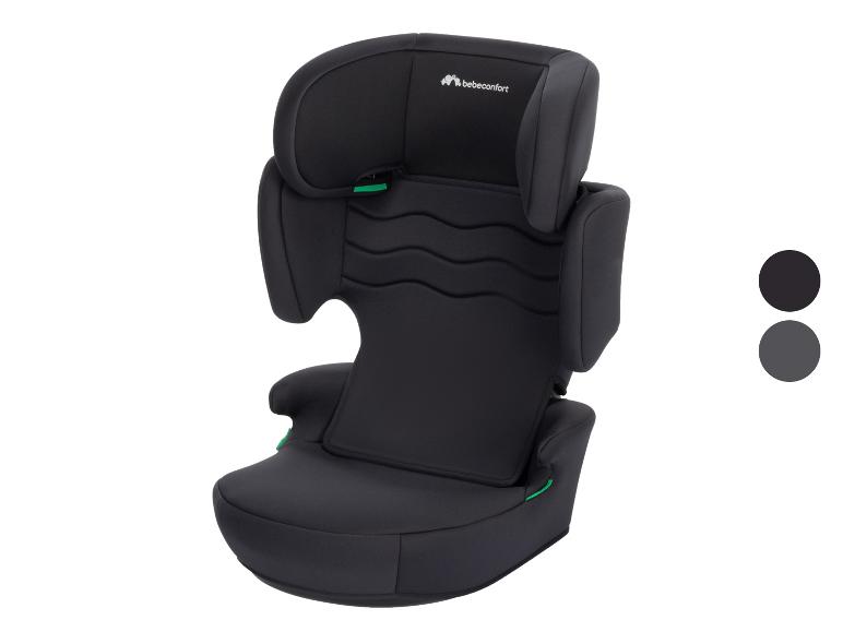 Schwarzer Kindersitz mit grauen Akzenten und grünen Details.