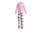 Rosa Pyjama mit Langarmshirt mit Croissant-Print und karierter Hose.