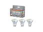Drei dimmbare smarte GU10 LED-Spots in Verpackung, mit Spezifikationen und App-Integration.
