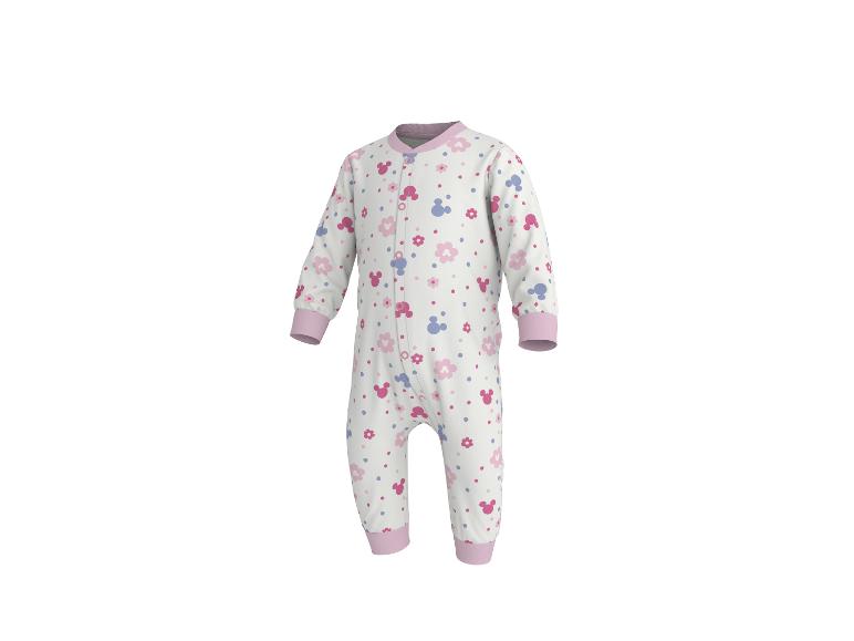 Weißer Baby-Strampler mit rosa und blauen Blumen- und Mausmustern.