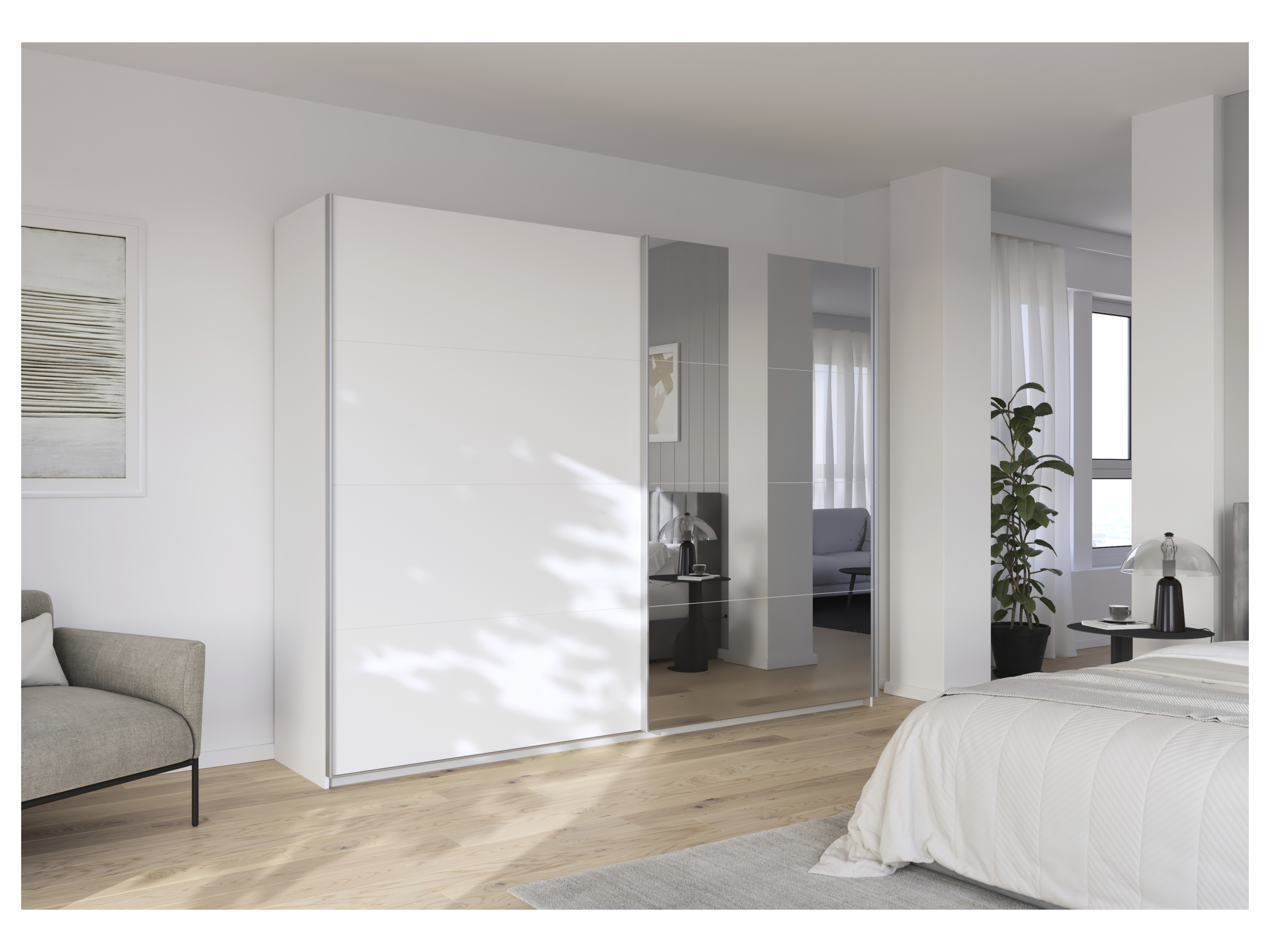 RAUCH ORANGE Quadra Schwebetürenschrank mit Spiegelelementen (Premium-Zubehör, Korpus: Weiß, 271 x 210 cm) – Bild 2 von 4