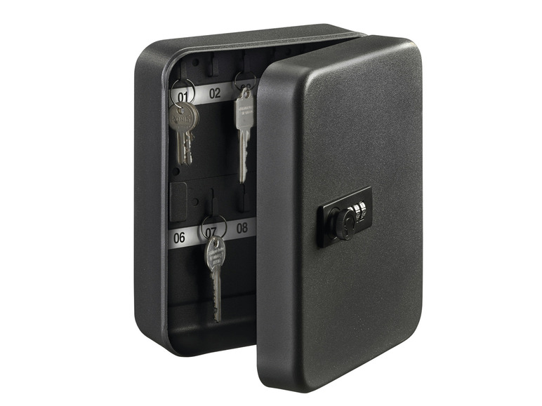 Ein schwarzer Schlüsselkasten mit einem Zahlenschloss und Schlüsseln.
