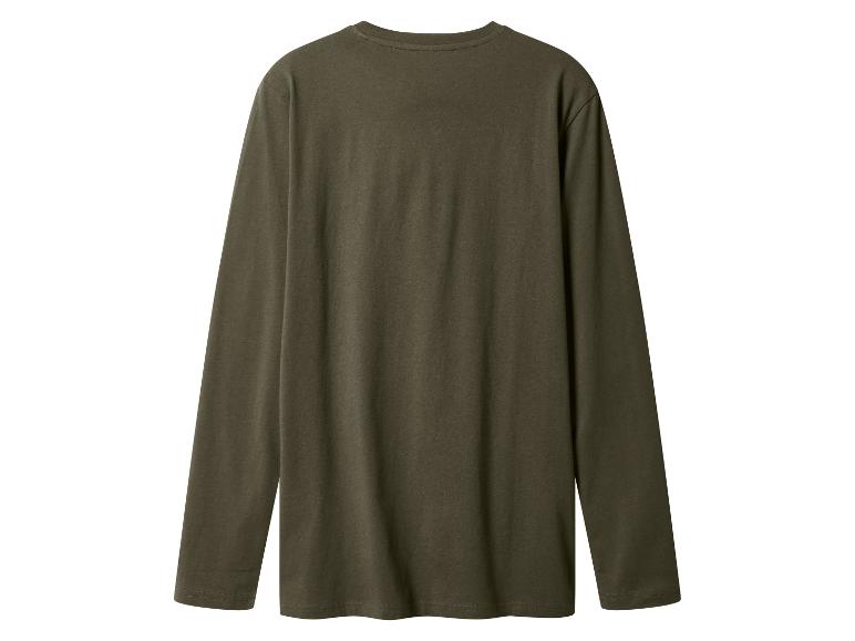 Dunkelgrünes Langarm-T-Shirt mit Rundhalsausschnitt, Rückansicht.