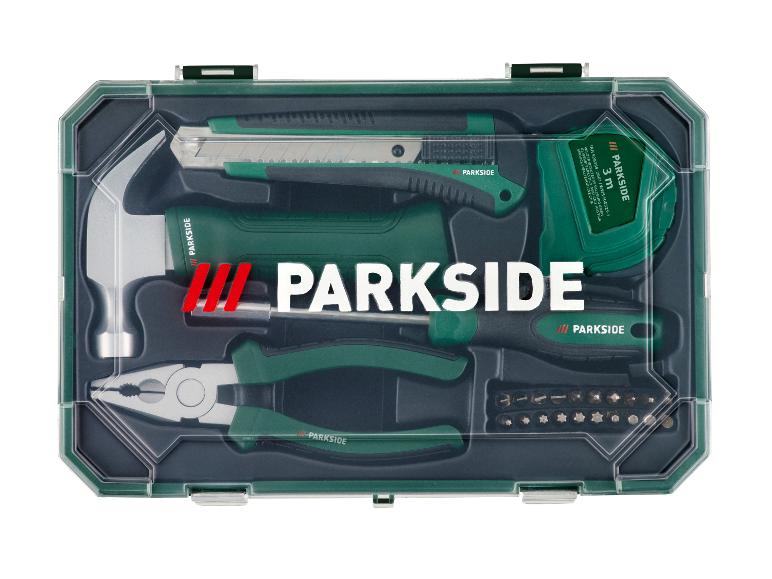 Werkzeugset in Box, mit Hammer, Cuttermesser, Maßband, Schraubendreher und Bits.