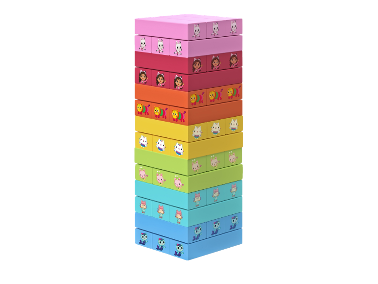 Ein Stapel bunter rechteckiger Boxen mit Zeichentrickfiguren, darunter Katzen und Mädchen.