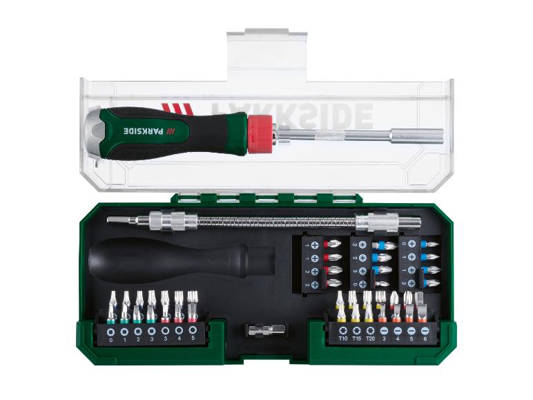 PARKSIDE Schraubendreher-Set mit Bits und flexibler Verlängerung in offener grüner und transparenter Box.