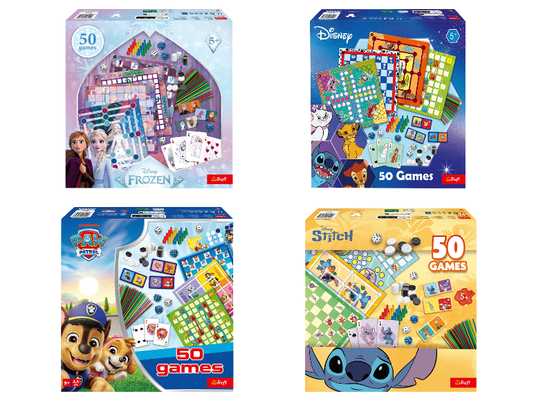 Trefl Spielesammlungen mit Frozen-, Disney-, Paw Patrol- und Stitch-Themen.