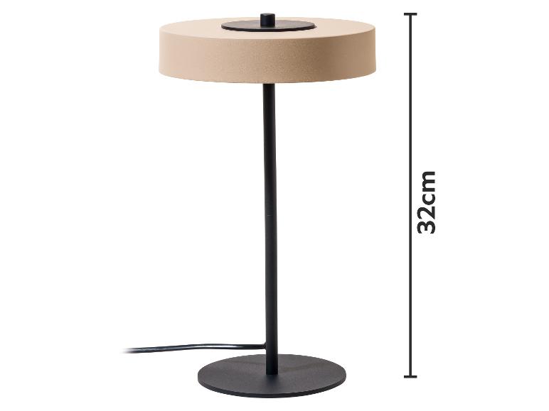Beige Tischlampe mit schwarzem Ständer und Fuß, 32 cm hoch.