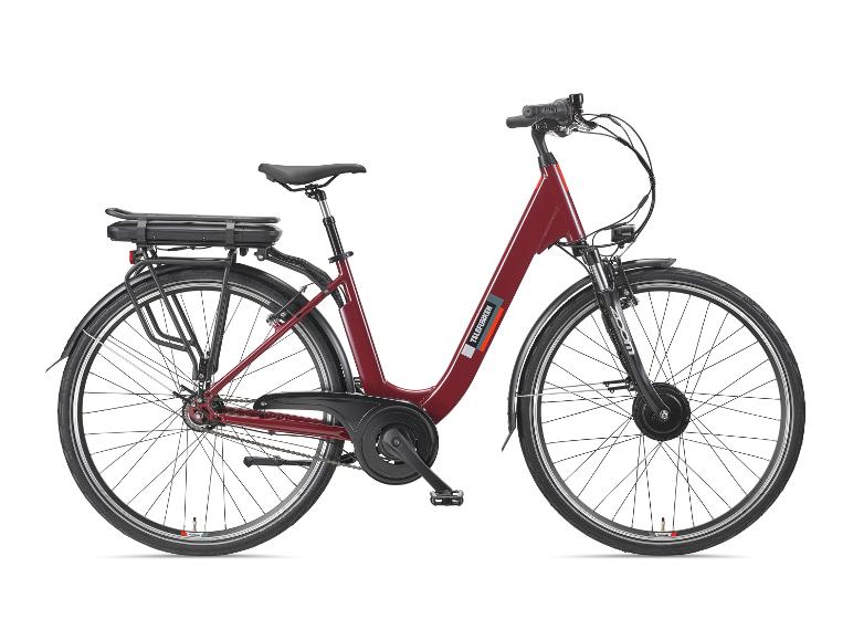 Rotes E-Bike mit schwarzem Sattel und Gepäckträger auf weißem Hintergrund.