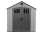 Ein graues Gartenhaus aus Kunststoff mit Doppeltüren.