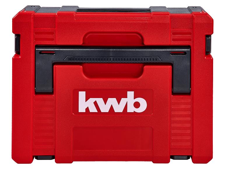 Rote und schwarze Werkzeugkiste mit weißem Logo auf der Vorderseite.