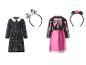 Zwei Kinderkarnevalskostüme: ein schwarzes Kleid mit Totenköpfen und ein Haarband mit Schleife, sowie ein Skelettkleid mit rosa Rock und Rosenhaarband.