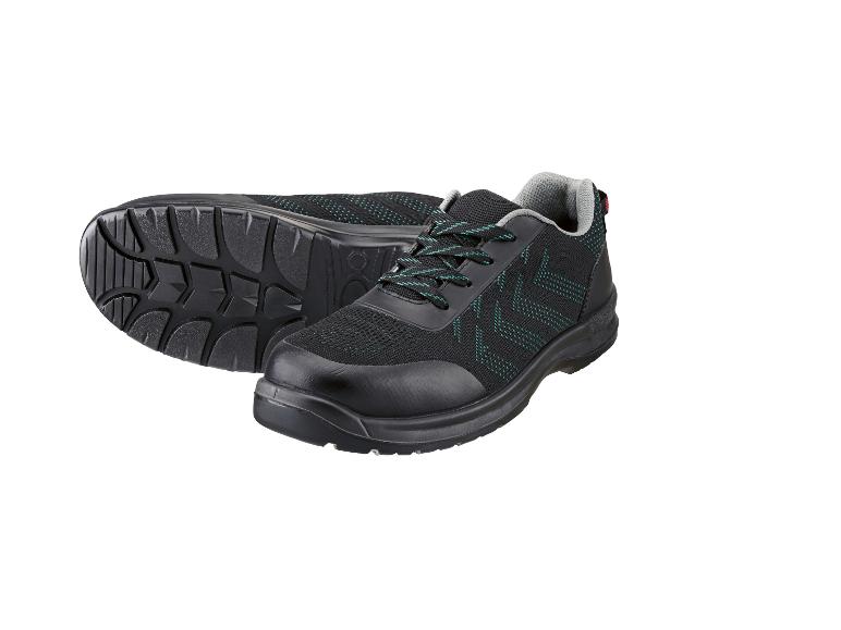 Ein Paar schwarze Sicherheitsschuhe mit türkisen Details und Schnürsenkeln.