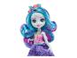 Enchantimals Puppe mit blauen und lila Haaren, Blumenkrone und buntem Kleid.