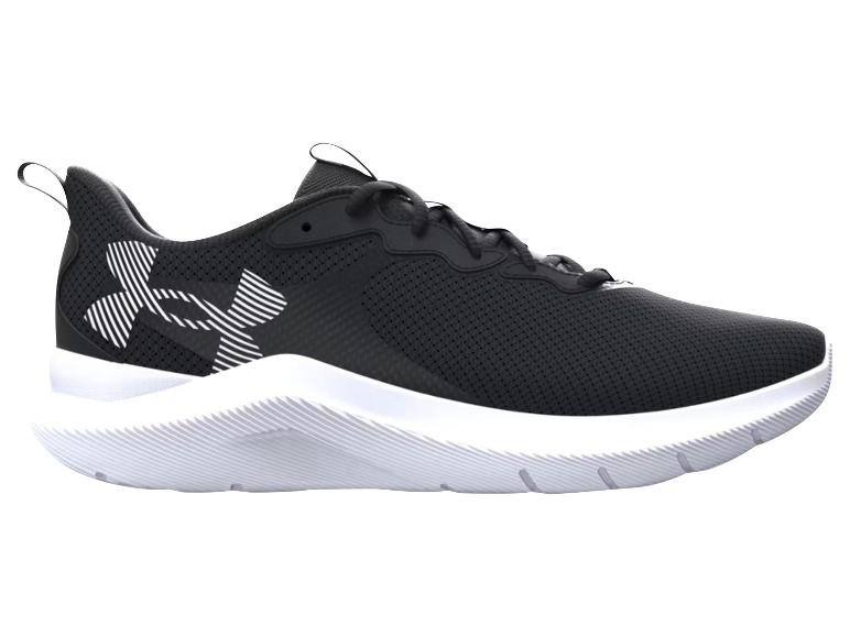 Schwarzer Sportschuh mit weißer Sohle und gestreiftem Seitenlogo.