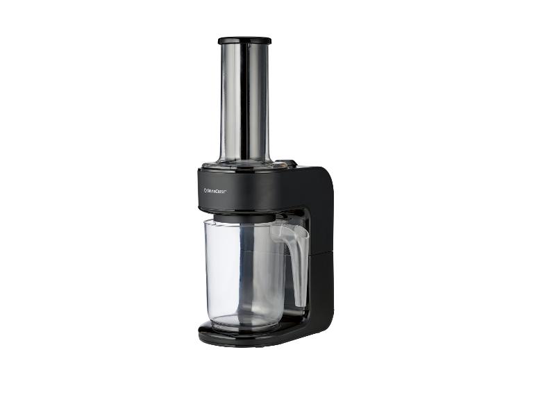 Schwarzer Entsafter mit transparentem Krug auf weißem Hintergrund.