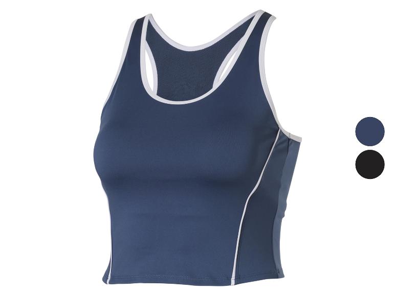 Marineblaues Sporttop mit weißen Details und zweifarbigen Seitenpaneelen