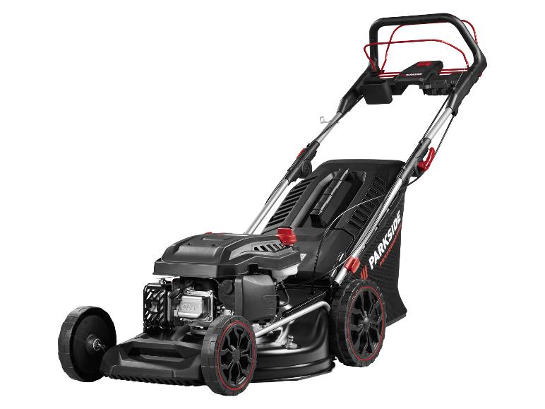 Schwarzer Benzin-Rasenmäher mit roten Akzenten und Fangkorb.