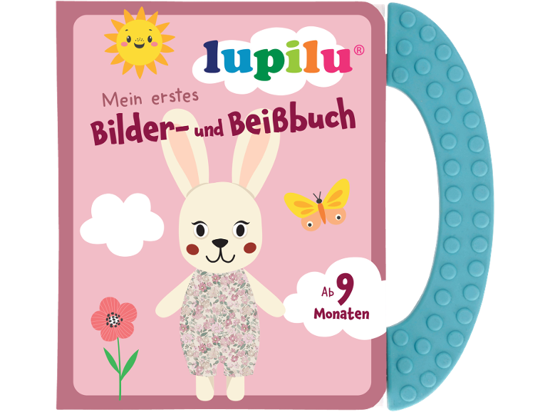 Rosa Baby-Bilder- und Beißbuch mit Hase, Schmetterling und Sonne, ab 9 Monaten.