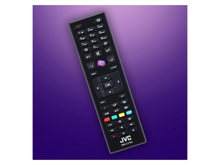 JVC RM-C3182 Fernbedienung, schwarz auf violettem Hintergrund.