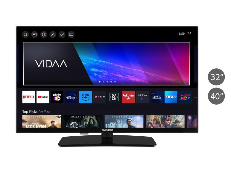 Telefunken Smart TV mit VIDAA-Oberfläche und Apps wie Netflix, YouTube und Prime Video, mit 32' und 40' Größenoptionen.