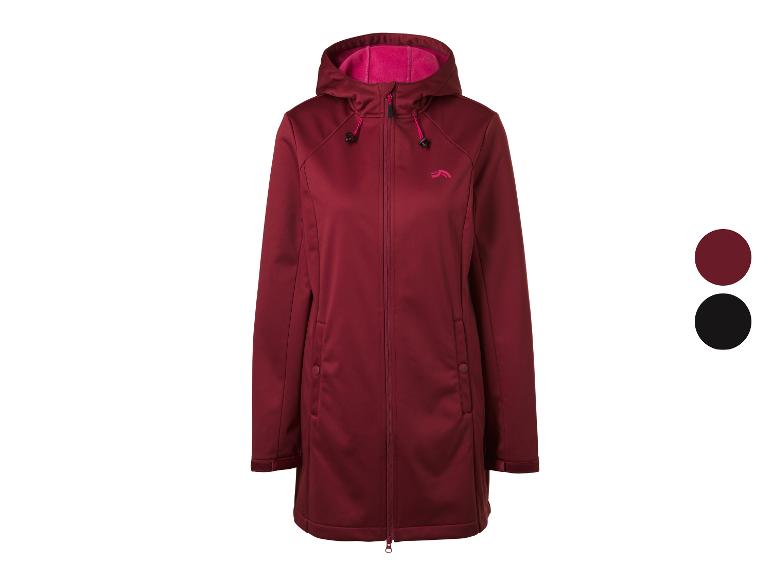 Lange Damen-Softshelljacke in Dunkelrot mit pinkem Kapuzenfutter