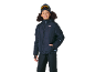 Lächelndes Kind in schwarzer Stepp-Skijacke, Skihose und Mütze mit Skibrille.