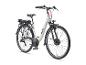 Weißes E-Bike mit schwarzem Sattel, Gepäckträger und Schutzblechen, von der Seite gesehen.