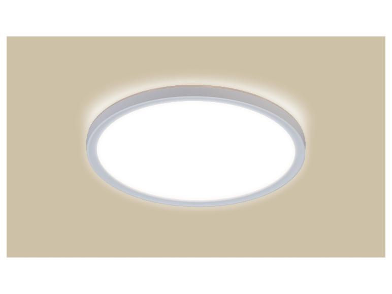 Runde LED-Deckenleuchte mit weißem Schirm und beigem Rand, die helles Licht ausstrahlt.
