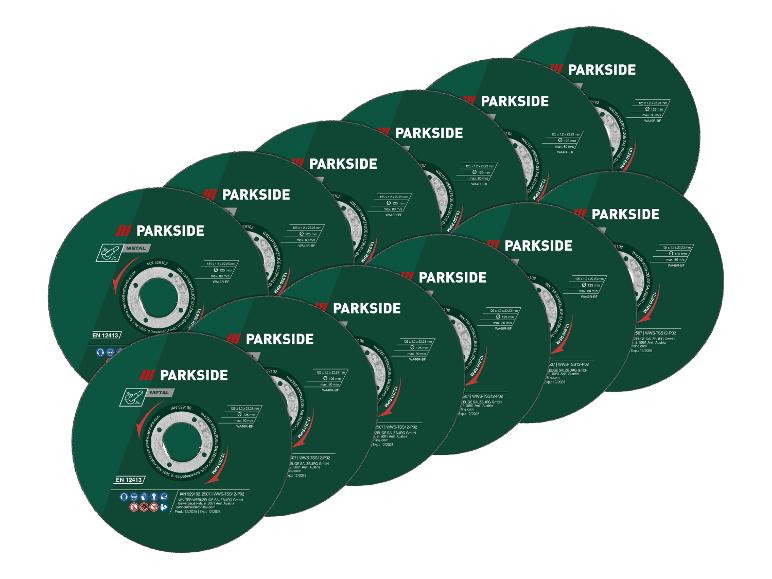 Ein Stapel grüner Trennscheiben für Metall, mit Maßen und Sicherheitsinformationen.