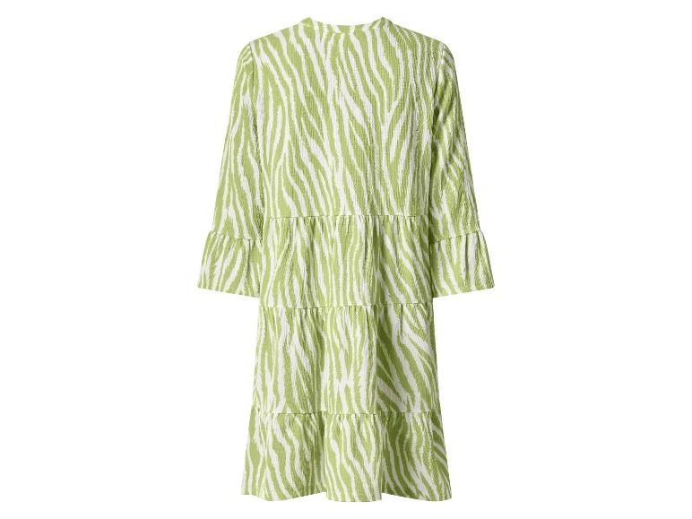 Damen-Midikleid mit grün-weißem Zebramuster, langen Ärmeln und Stufenrock.