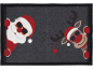 Weihnachtsfußmatte mit Weihnachtsmann und Rentier, die aus den Ecken schauen.