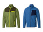 Zwei Herren Fleecejacken mit Reißverschluss, eine in Grün und eine in Blau.
