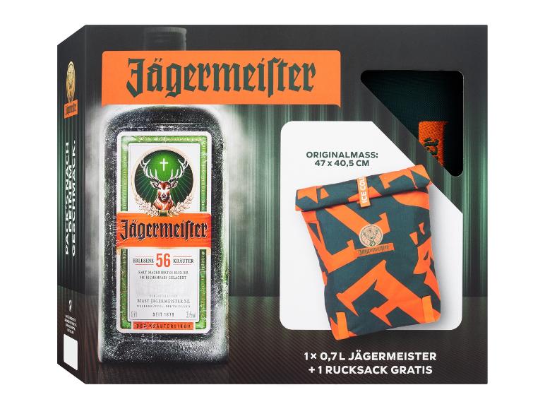 Geschenkset mit Getränk und gemustertem Rucksack.