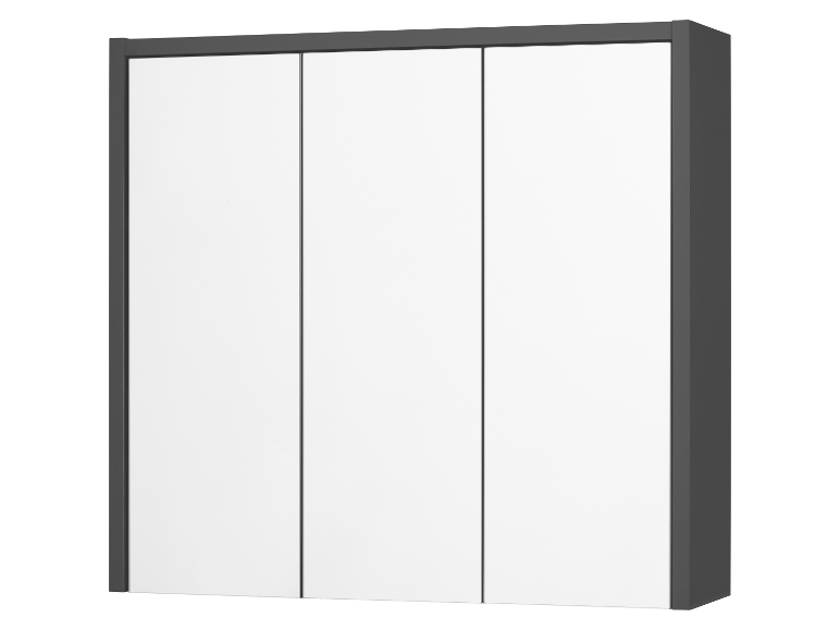 Dreitüriger Kleiderschrank mit grauen Rahmen.