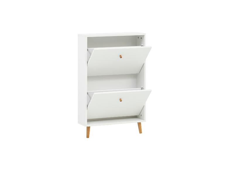 Weißer Schuhschrank mit zwei Kippfächern und Holzgriffen, mit Holzbeinen.