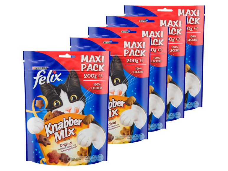 Gehe zu Vollbildansicht: FELIX KnabberMix Original Katzensnack, Knusper-Leckerlie mit 3 Geschmacksrichtungen, 5er Pack (5 x 200g) - Bild 1